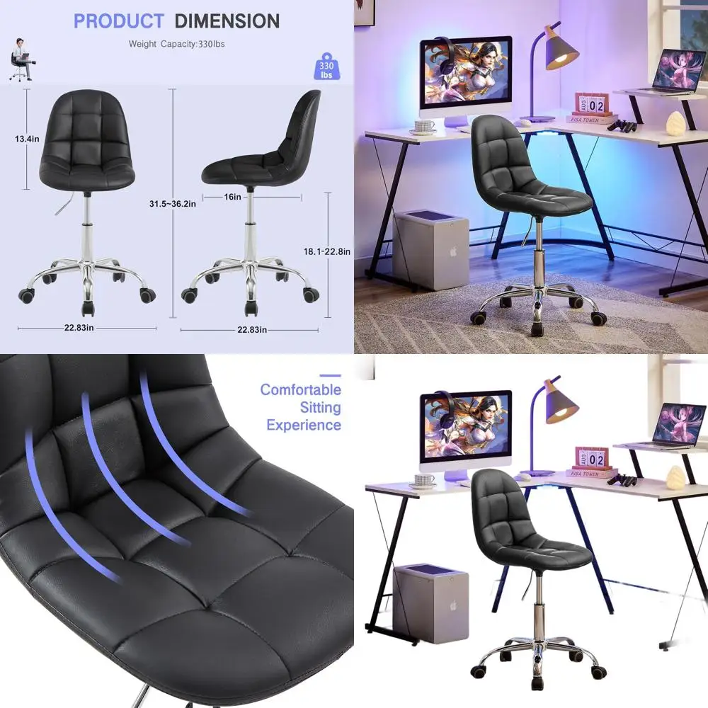 

Soft Desk Chair, Stylish Casual Vanity Seat, Armless with Comfy Lumbar Support, PU Leather Hight Adjustable, 360° Rolling Swivel