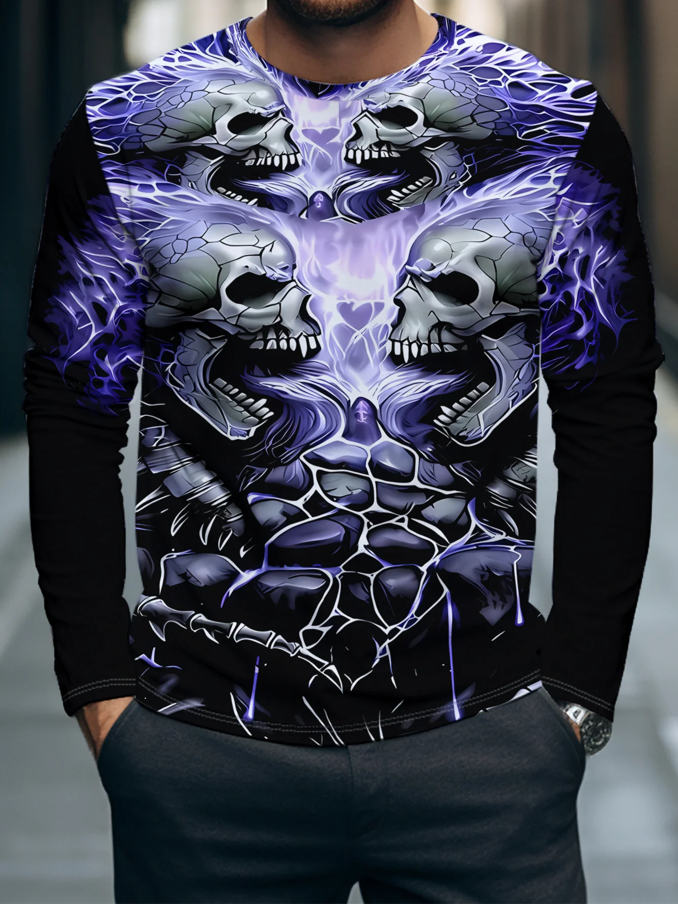 Men Halloween Purple Flame Multi‑Skull Graphic Long Sleeve T‑Shirt 3D Print Crew Neck Casual Pullover Streetwear Tops