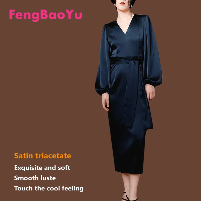 

Fengbaoyu Triacetate Satin Spring Summer Lady Bubble Long-sleeved V-neck Dress Glossy Silk Slippery Skirt Elegant Temperament