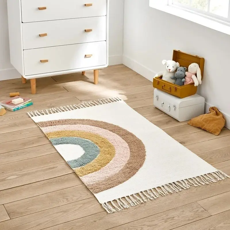 Rainbow Fluffy Carpet Modern Living Room With Tassels White Plush Bedroom Rug For Kids Room Hairy Nursery Play Mat For Children