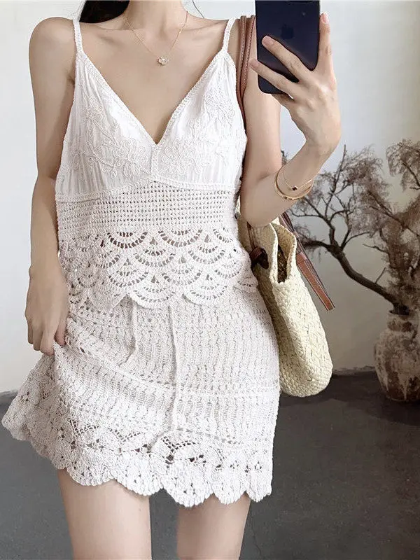 Beachside Bohemian Swimwear Knitted Hook Flower Design Thermal Spring Set with Caution Strategic Match Alluring Hollow out Ve...