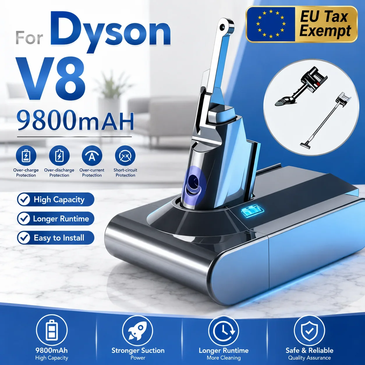 Batterie haute capacité 9800mAh 21.6V pour aspirateur sans fil Dyson V8, modèle Absolute Fluffy Animal, batterie rechargeable 18650