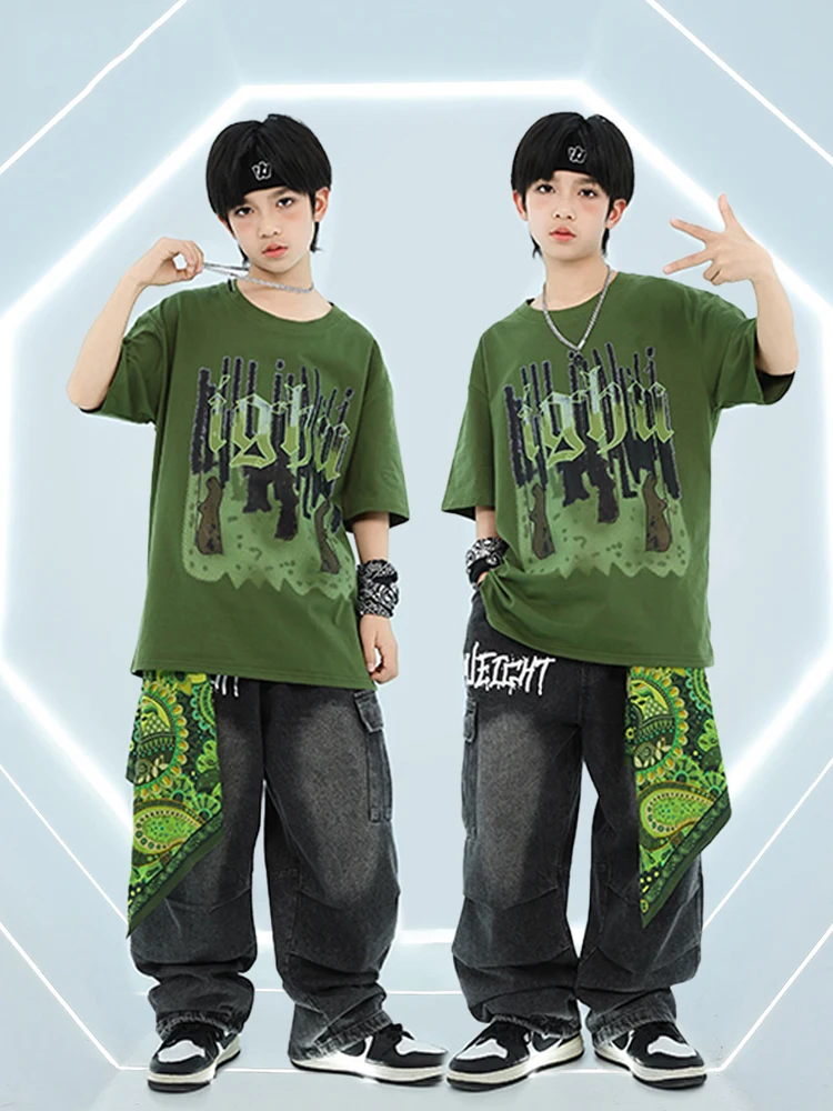 New Kids Groen Pak Hip Hop Dance Streetwear Korte Mouw Tops Jeans Jazzdans Street Dance Prestaties Kostuums Dragen DN20200