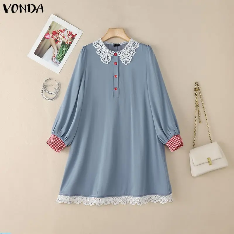 Plus Size 5XL VONDA Elegante Mini-jurken met lange mouwen Damesmode Patchwork Plaid Zonnejurk Zomer Kant Kantoor Korte vestidos