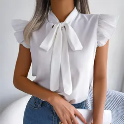 2024 Women Summer Black Ear Strap Bow Chiffon Shirt Office Lady Solid Color Slim Sleeveless Pullover Blouse Tops Femme Blusas