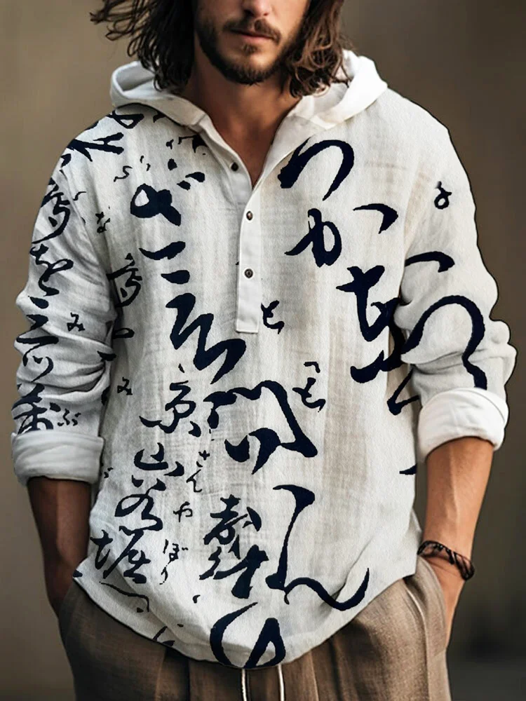 

Мужская льняная рубашка-пуловер в гавайском стиле с принтом, модная повседневная рубашка из бамбука, мужской топ с длинным рукавом, весенне-осенний пуловер с капюшоном