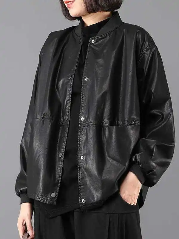 ルーズフィット長袖ショート Pu レザージャケット女性の秋のファッションシングルボタン野球襟カジュアル多用途コート
