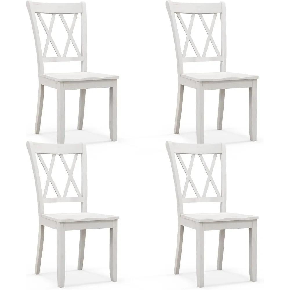 Wood Dining Chairs Set of 4 White, Rustic Armless Kitchen Chairs w/Rubber Wood Frame, Cross Back, Contoured Seat