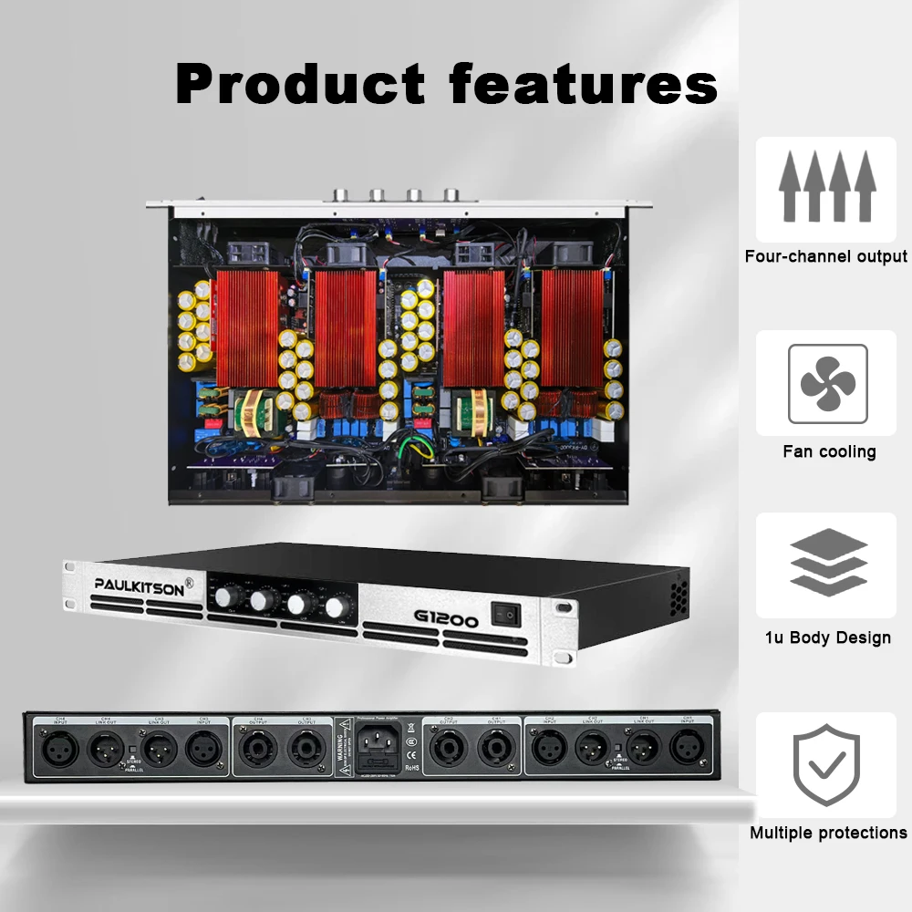 Paulkitson G1200 Professional Power Amplifier 4‑Channel 1200W×4 High‑Durability Audio Amp for Club Church Live Stage Show Events
