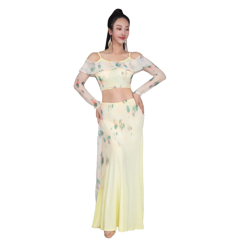 Traje de práctica de danza del vientre para mujer, ropa de actuación, Top + falda con estampado avanzado, conjunto de trajes de danza Oriental para adultos, 2025