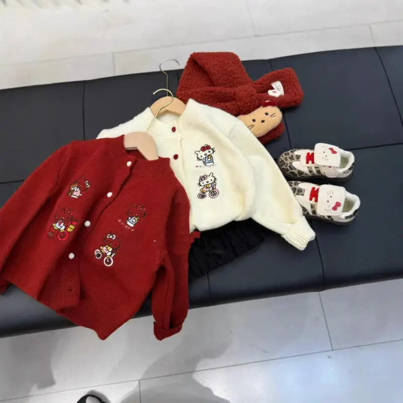 

Sanrio Hello Kitty Girls Sweater 2026 Spring Children's Korean Cartoon Versatile Round Neck Cardigan Top Children's Clothing