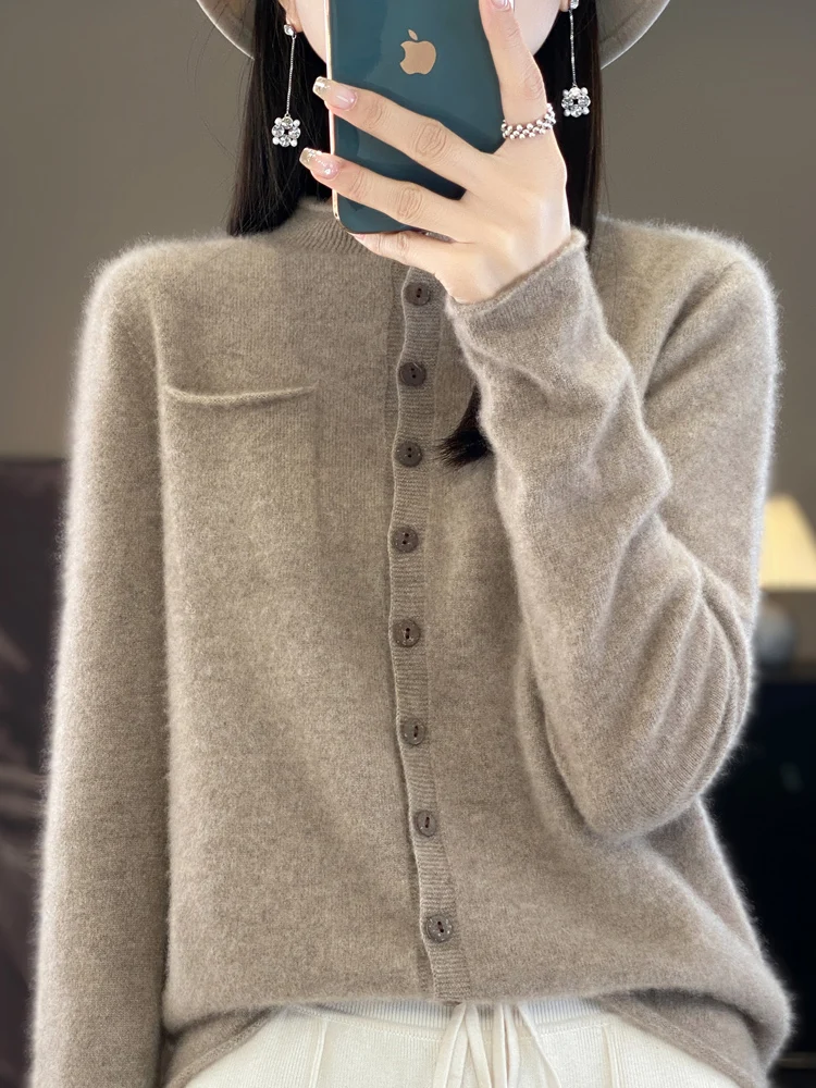 2024 New Fashion Women Sweater Spring 100% Pure Merino Wool Cardigan Ruffled-collar Jacket Female Clothing Grace Knitwear Tops