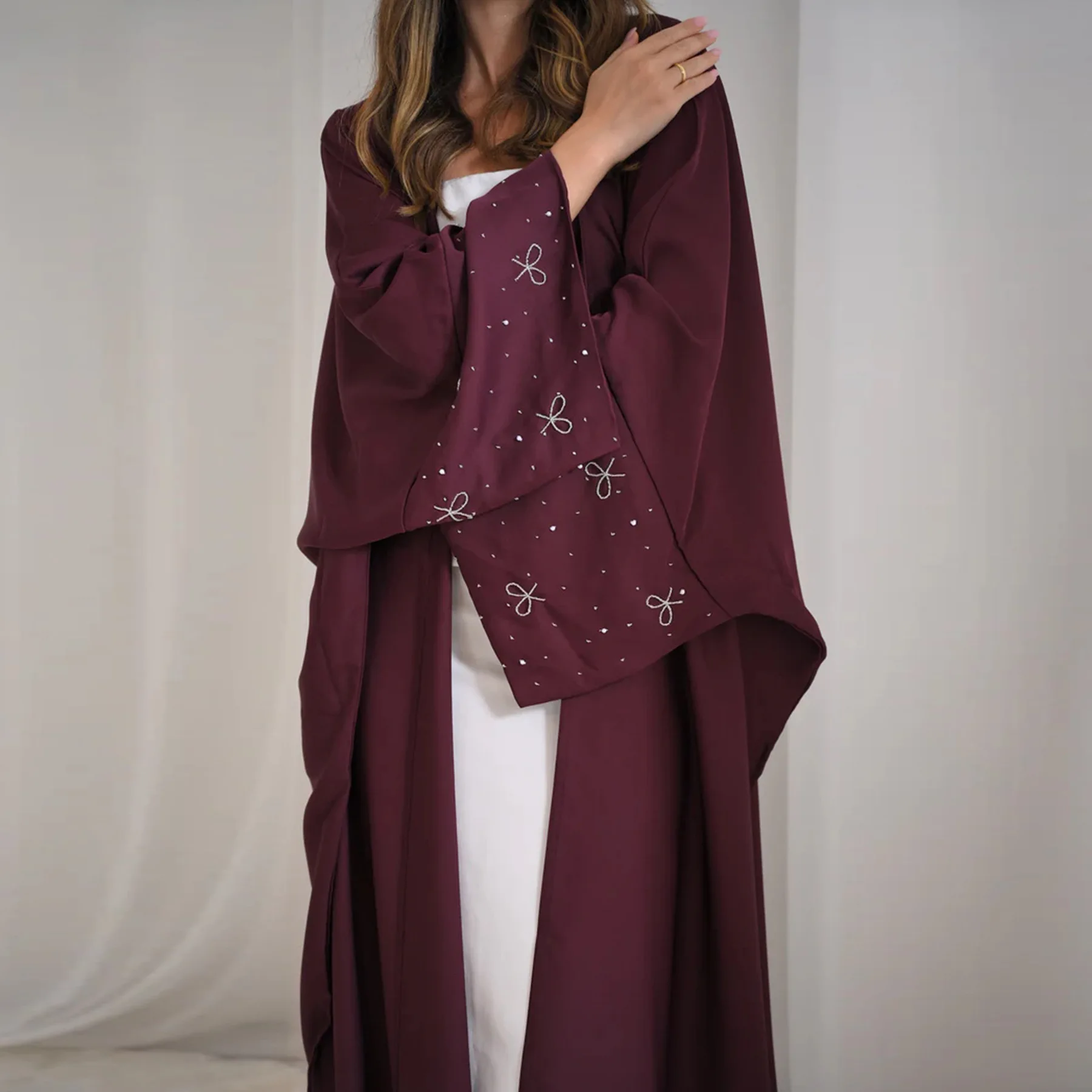 Verão nova moda feminina muçulmana miçangas simples casual na moda solta elegante manga longa arco cardigan feminino abaya dubai roupas