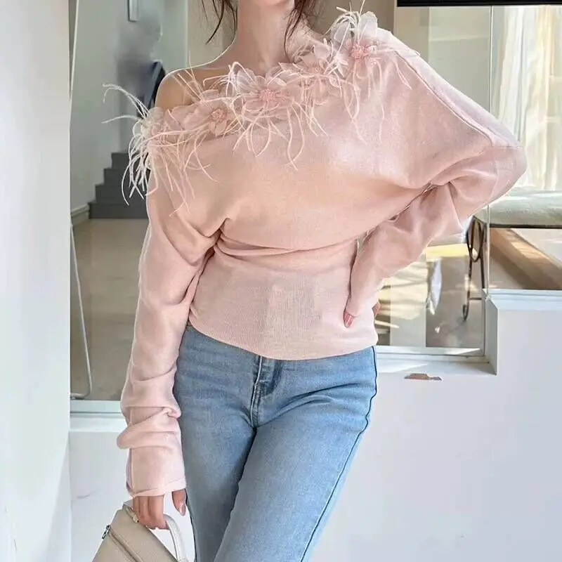 

Spicy Girl Splicing 3D Floral One Shoulder Long Sleeve Sweater For Women Slimming Bottom Fashion Sweet Knitted Tops F212