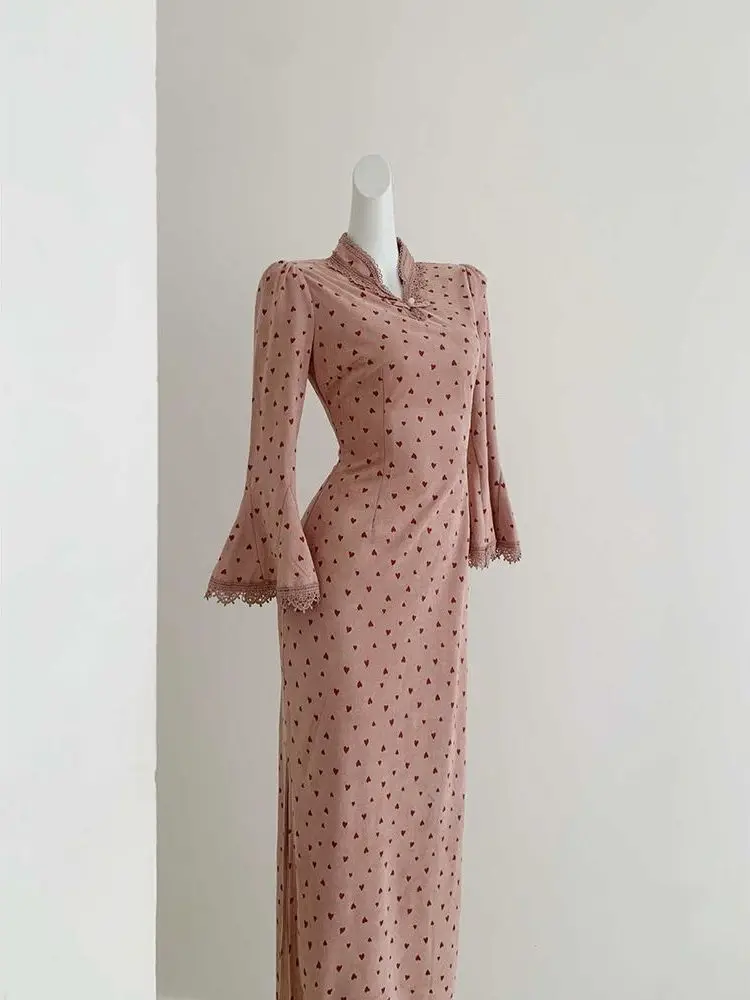 

Slimming Chinese Sle Summer Vaion Polka Dot Dr Ele National Spirit Long Sve Midi Dr for Women