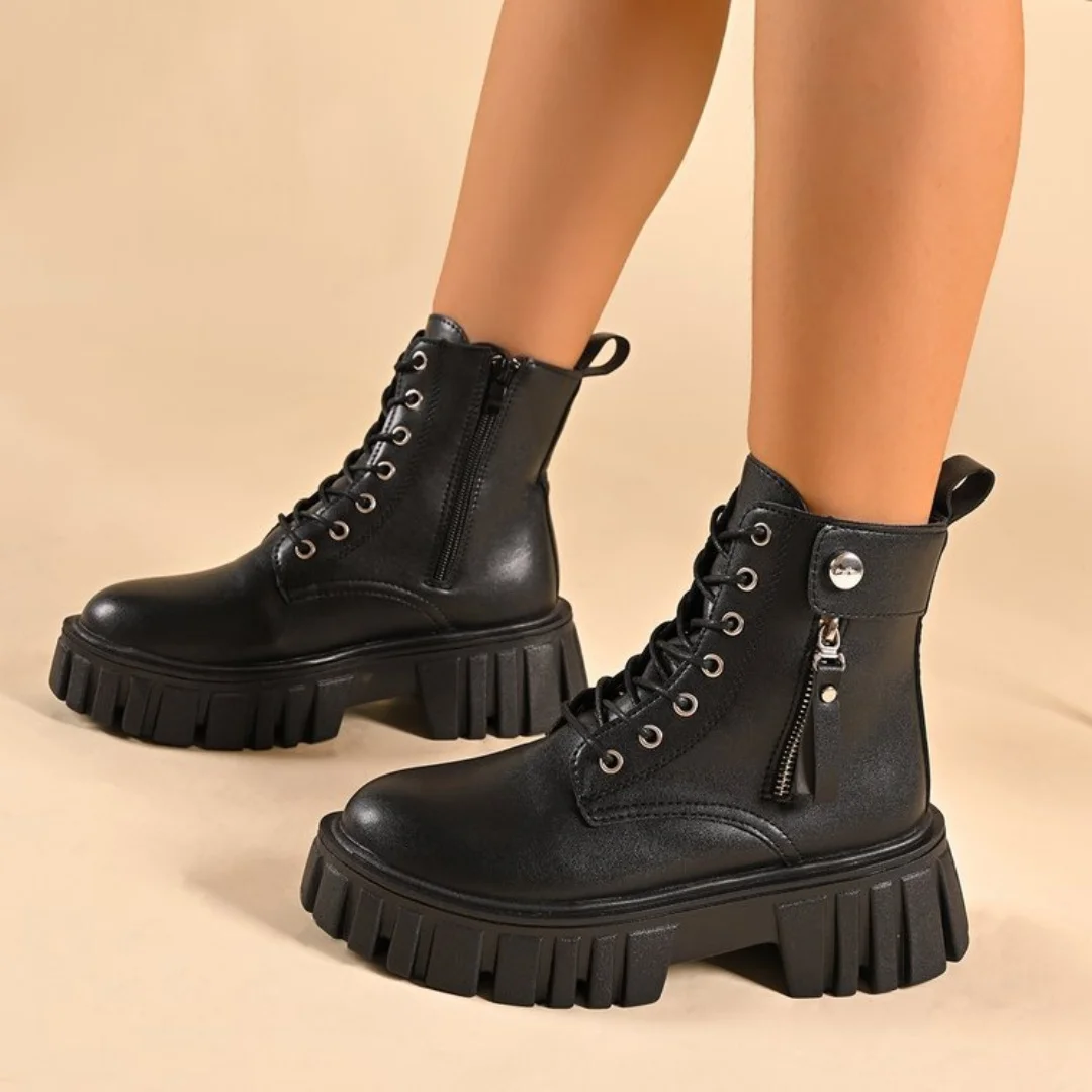 

New autumn women's ankle boots autumn and winter thick-soled zipper women's punk boots thick-soled lace-up combat short boots