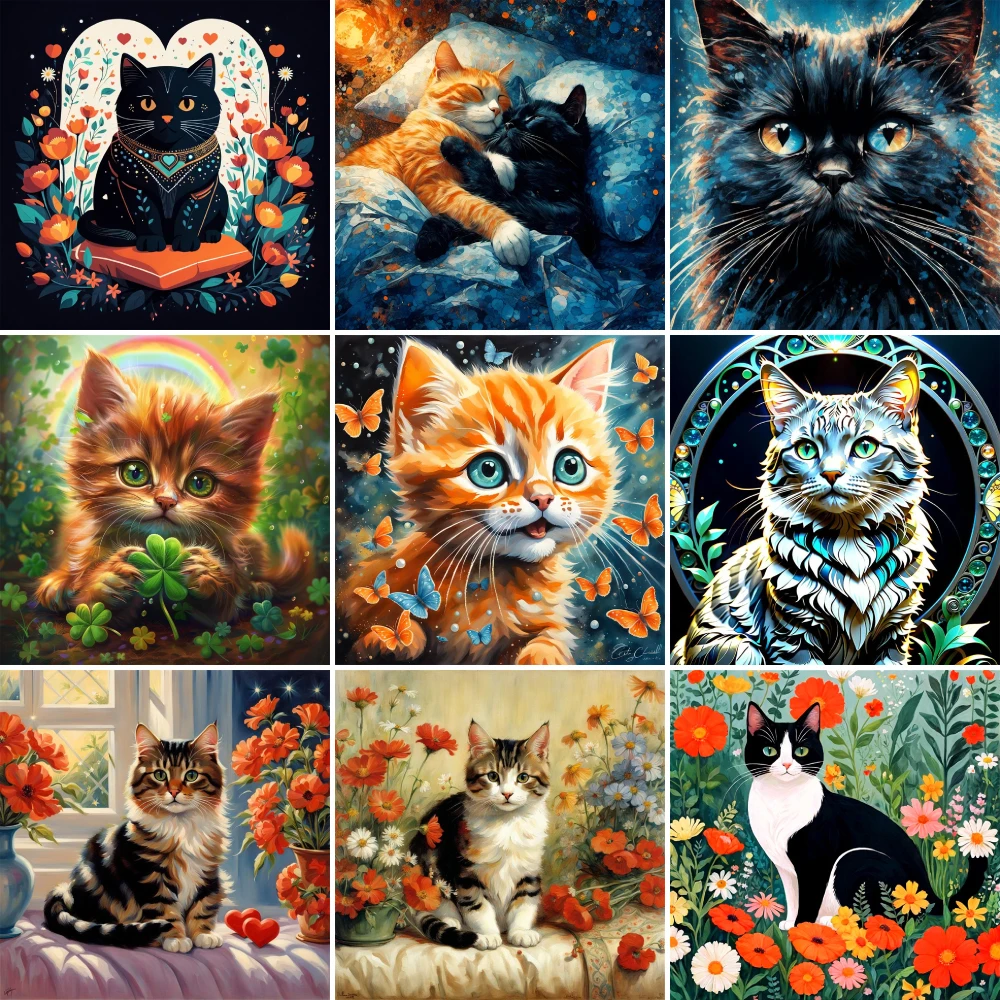 Animal Pet Cat Flowers Printed Cross Stitch DIY Embroidery Complete Kit Handiwork Hobby Handicraft Knitting Package Magic Gift