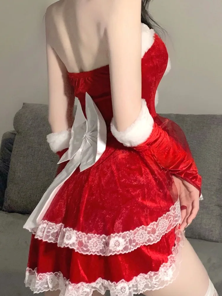 Sexy Lingerie Red Christmas Uniform Role Play Costumes Women Cute Mini Skirt Tight Blouse Set Porn College Girl Cosplay Anime