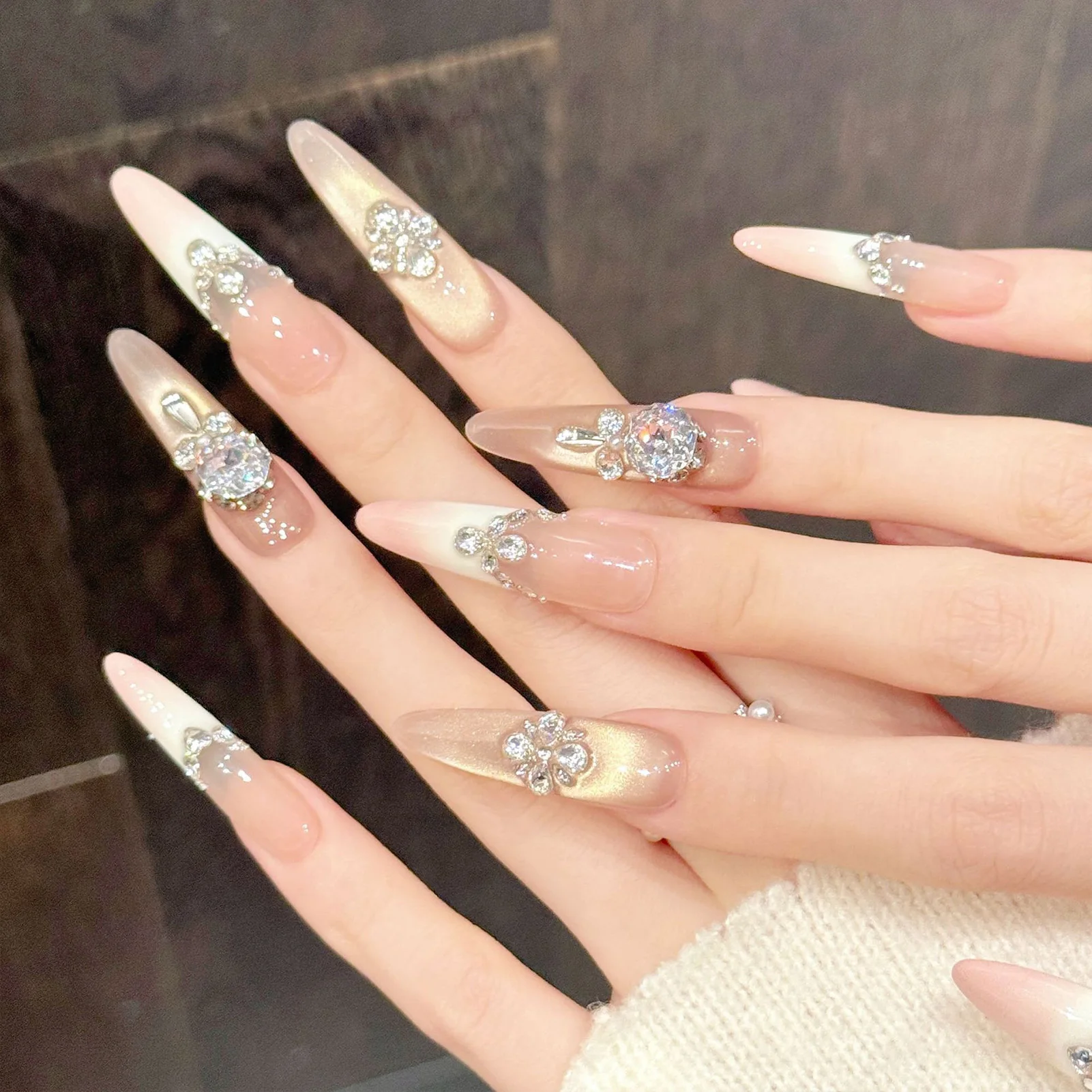 10Pcs Handmade Long Oval Fake Nails Pink Gold Luxury Rhinestone Decor False Nails For Party Wedding Wearable Press on Nails