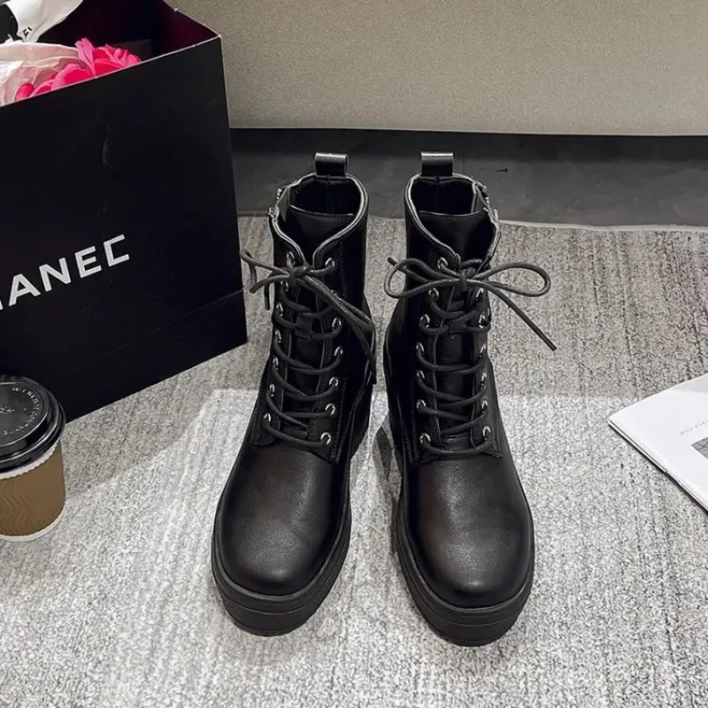 2025 New Winter Plus Size Shoes for Women Side Zip Women's Ankle Boots Platform Square Heel Ladies Boots Lace-up Shoes Female