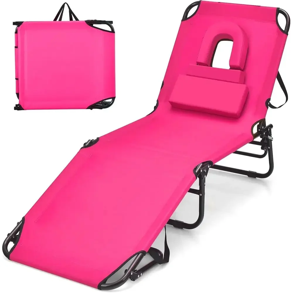 Outdoor Beach Lounge Chair with Hole, 5-Position Adjustable, 3 Removable Pillows, Portable for Tanning by Pool, Patio, Lawn (Pin