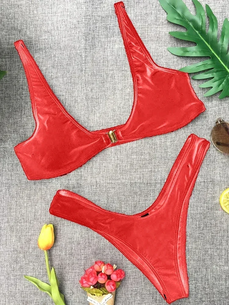 

Swimsuit Women Sexy Solid 2024 Summer Fashion Bathing Color Bikini Set Gold Lock Swimwear Split Two Pieces Biquinis Suit
