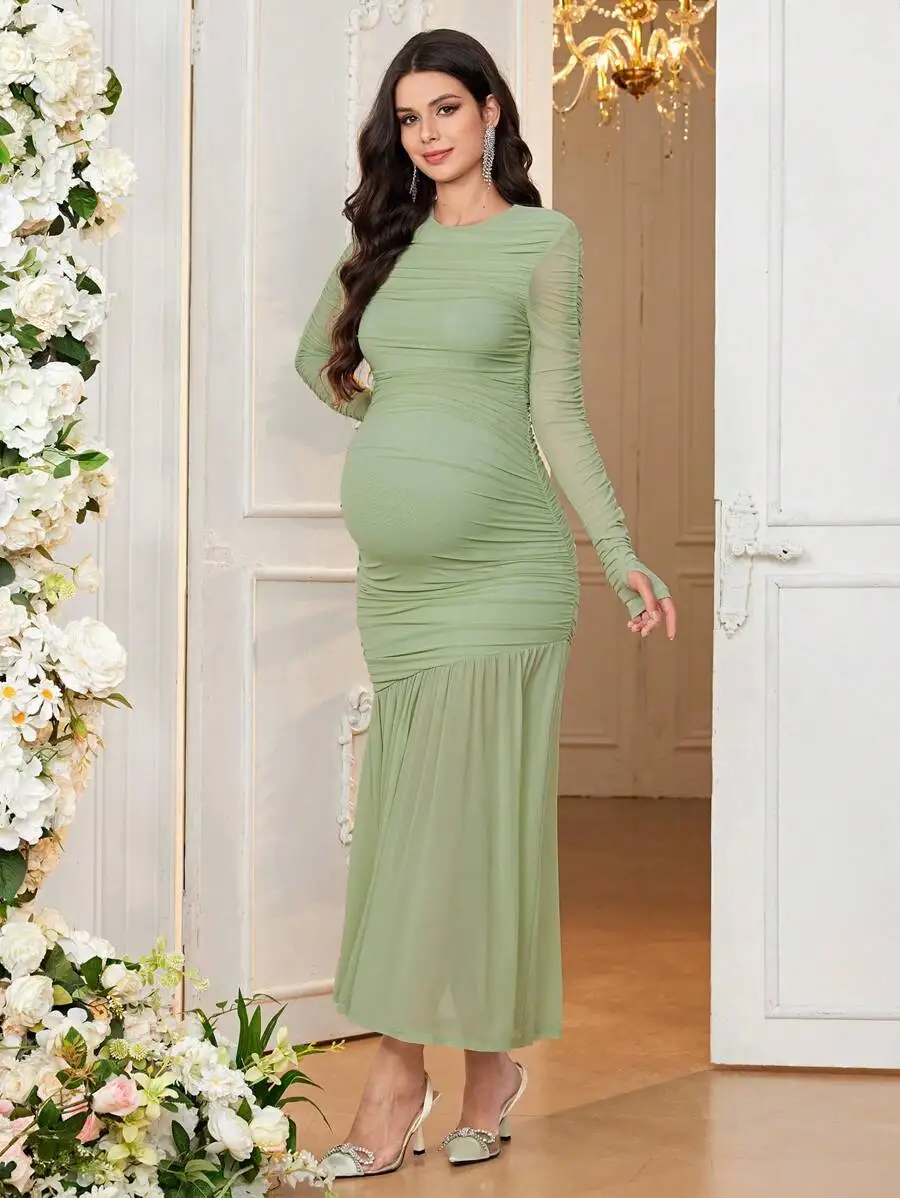 Maternity Elegant Round Neck Long Sleeve Bodycon Maxi Dress