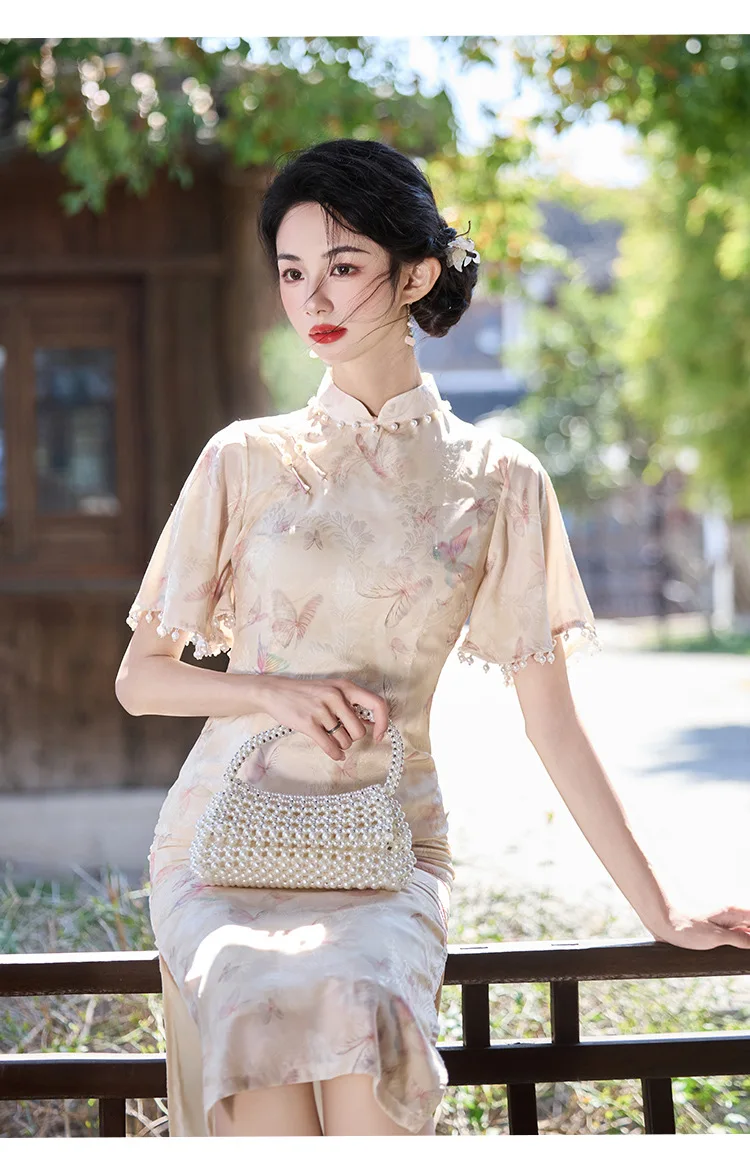 

Vintage Stand Collar Girl Chinese Style Long Cheongsam Modern Short Sleeve Qipao Summer Dress For Women