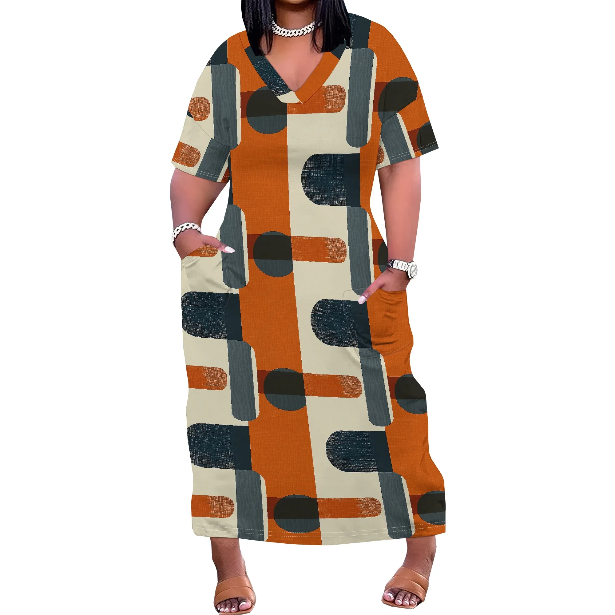 Plus Size Women's Geometric Print V-Neck Maxi Dress 2025 Summer Casual Beach Party Dress XL-6XL