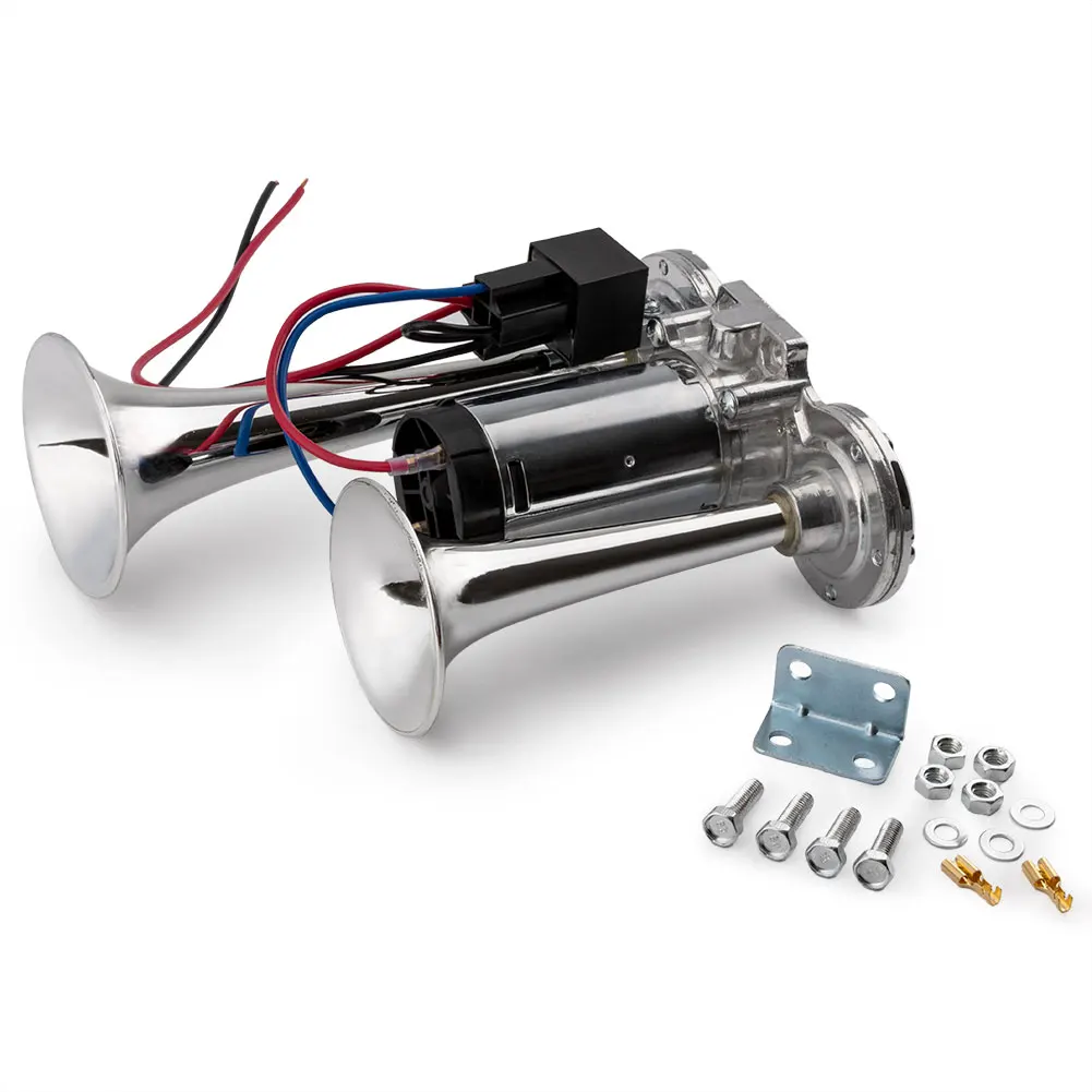 1 Set Dual Trumpet Electric Horn Kit 600DB Chrome plated zinc Silver Color 12V Suitable for car, boat, truck, lorry etc.