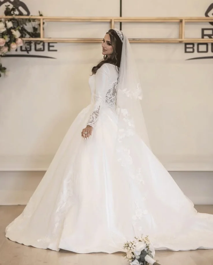 Langarm Brautkleider mit quadratischem Ausschnitt, Applikation, Perlenspitze, A-Linie, Prinzessin, Kirche, Brautkleid, maßgeschneiderte Vestidos de Novia