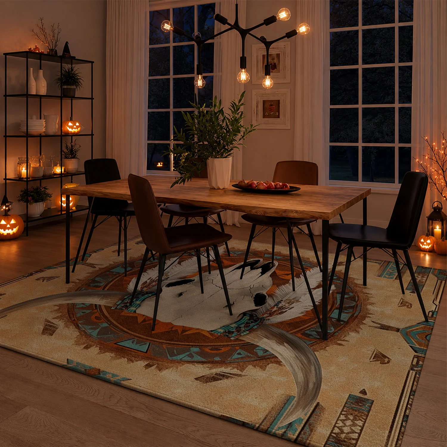 Large Indoor Area Rug, Soft Velvet Low Pile Non-slip Dotted Backing, Machine Washable Southwest Western Aztec Longhorn Skull Pattern, Warm Beige Teal Floor Rug for Living Room Bedroom Home Decor