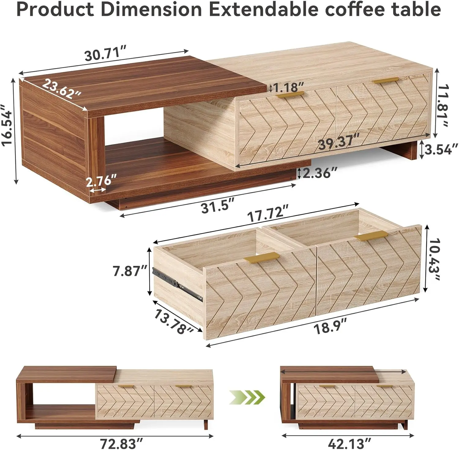 Table basse extensible en bois avec 2 tiroirs, table centrale de ferme rectangulaire peu encombrante, parfaite pour le salon et le bureau