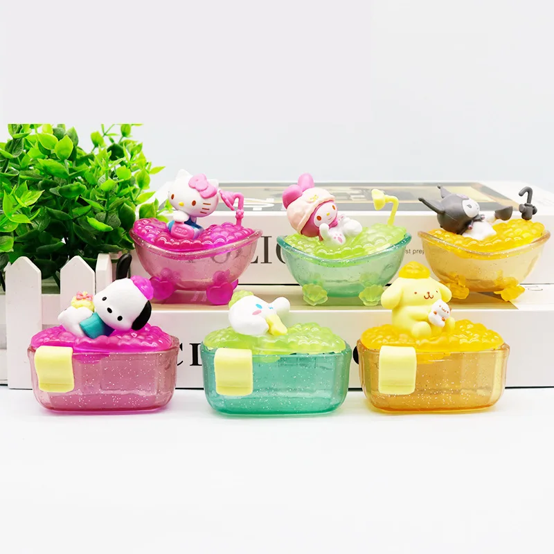 

6pcs Sanrio Cute Kuromi Cinnamoroll My Melody Pochacco Have A Bath Series Figures Doll Toy For Gift