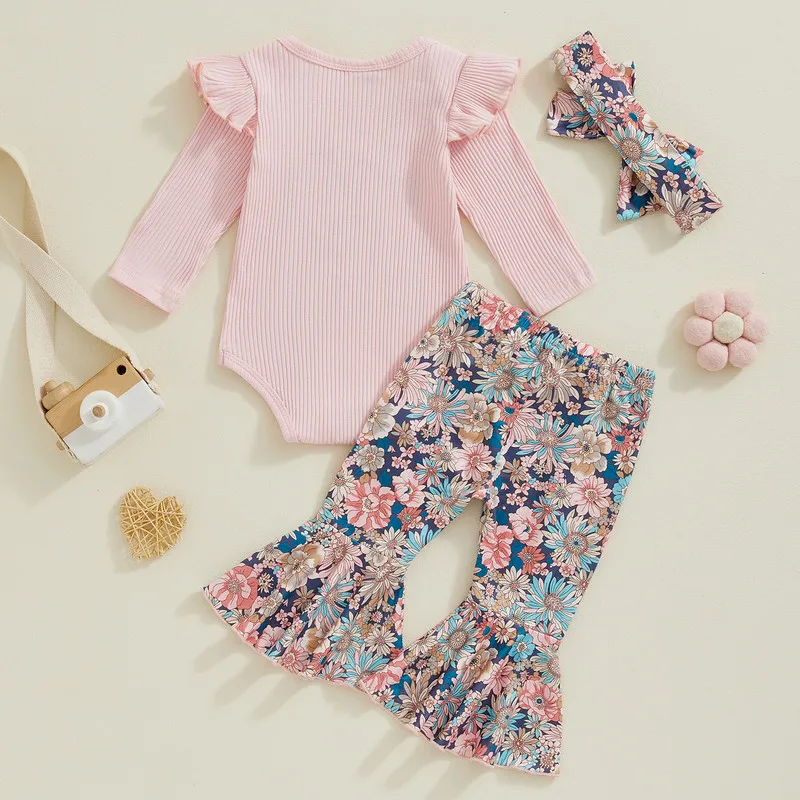 0 to 18 Months Baby Girl 3 Piece Pant Sets Letter Long Sleeve Ribbed Bodysuit Flower Flare Pants Tie Headband