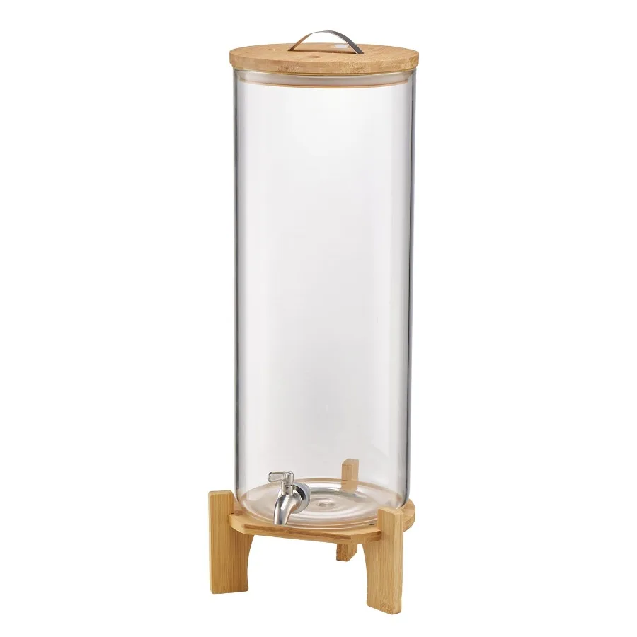 

3.5 Gallon Glass Beverage Dispenser with Wooden Stand and Stainless Steel Spigot Perfect for Serving Refreshing Drinks at Parti