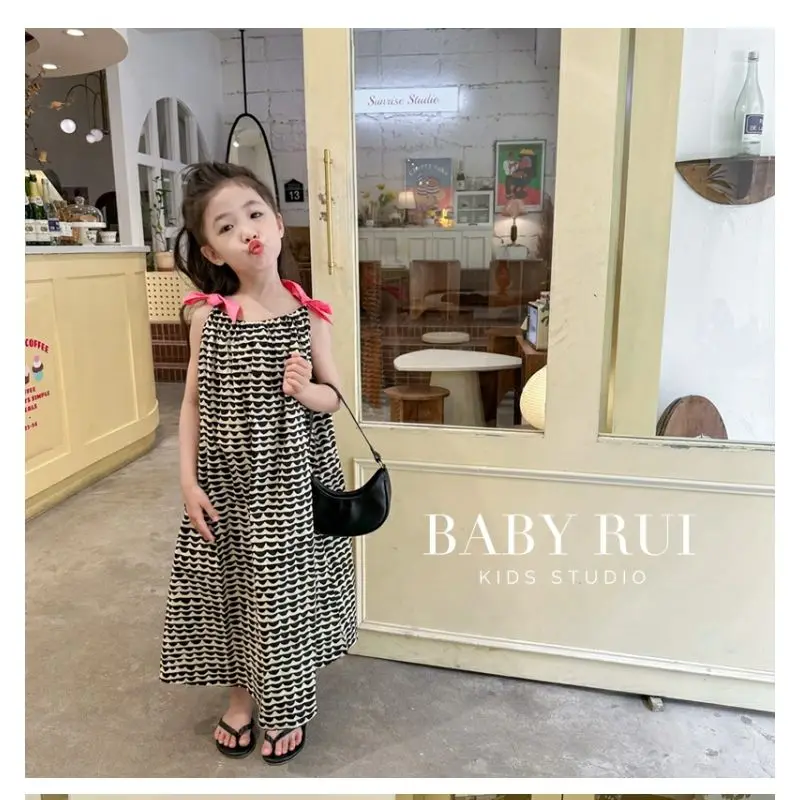 2023 Summer Overall Dresses A-line Mid-calf Length Pullover Print Bowknot Cotton Sweet Fashion Korean Casual Designable Girls
