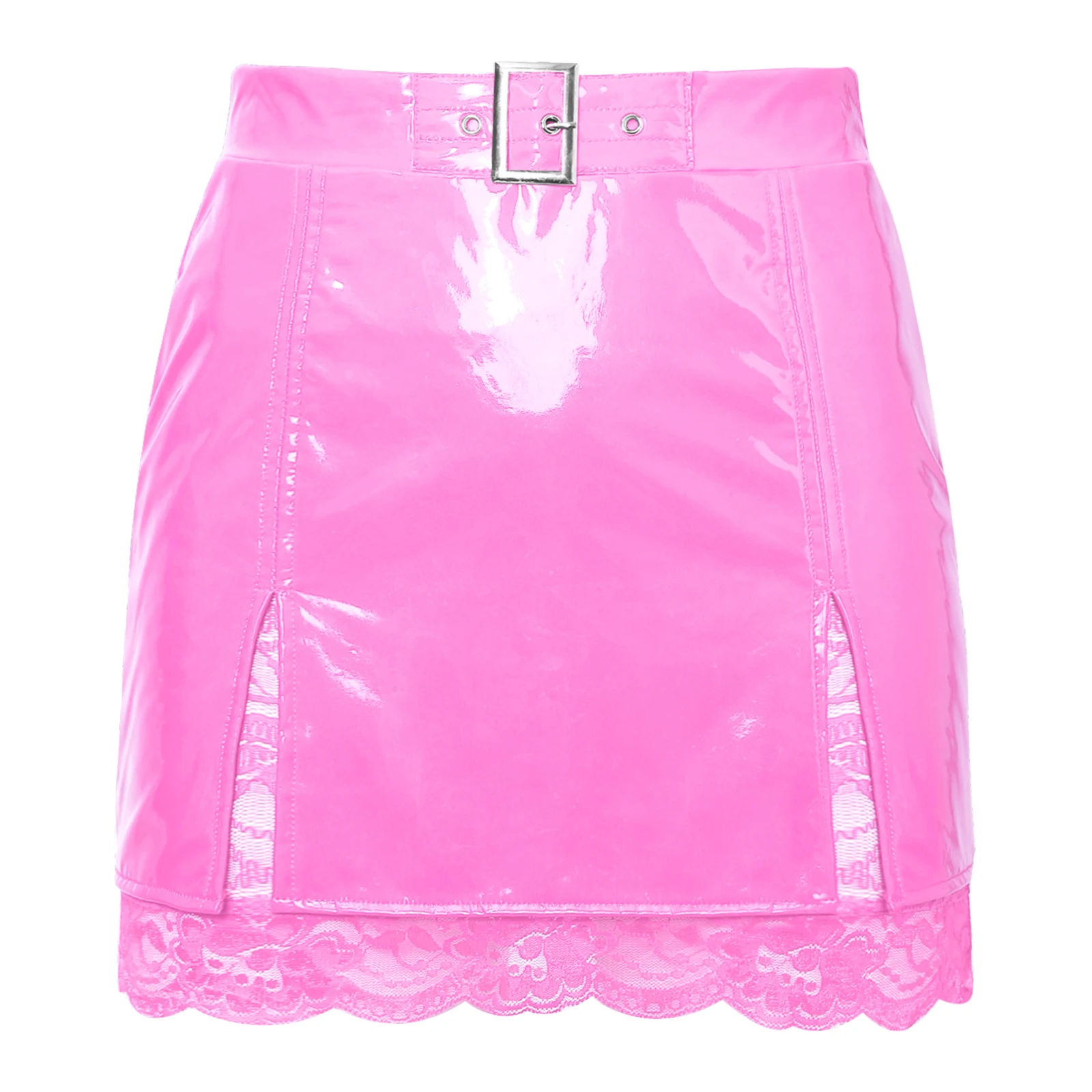Women High Waist Split Hem Wet Look PU Leather Sheer Lace Bodycon Mini Skirt for Nightclub Rave Party Music Festival Streetwear view 2