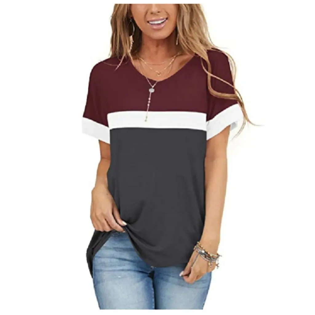 

Large Size Fashion V-Neck Top for Women Loose Short Sleeve Color Stitching Design European And United States Style Spot Trend