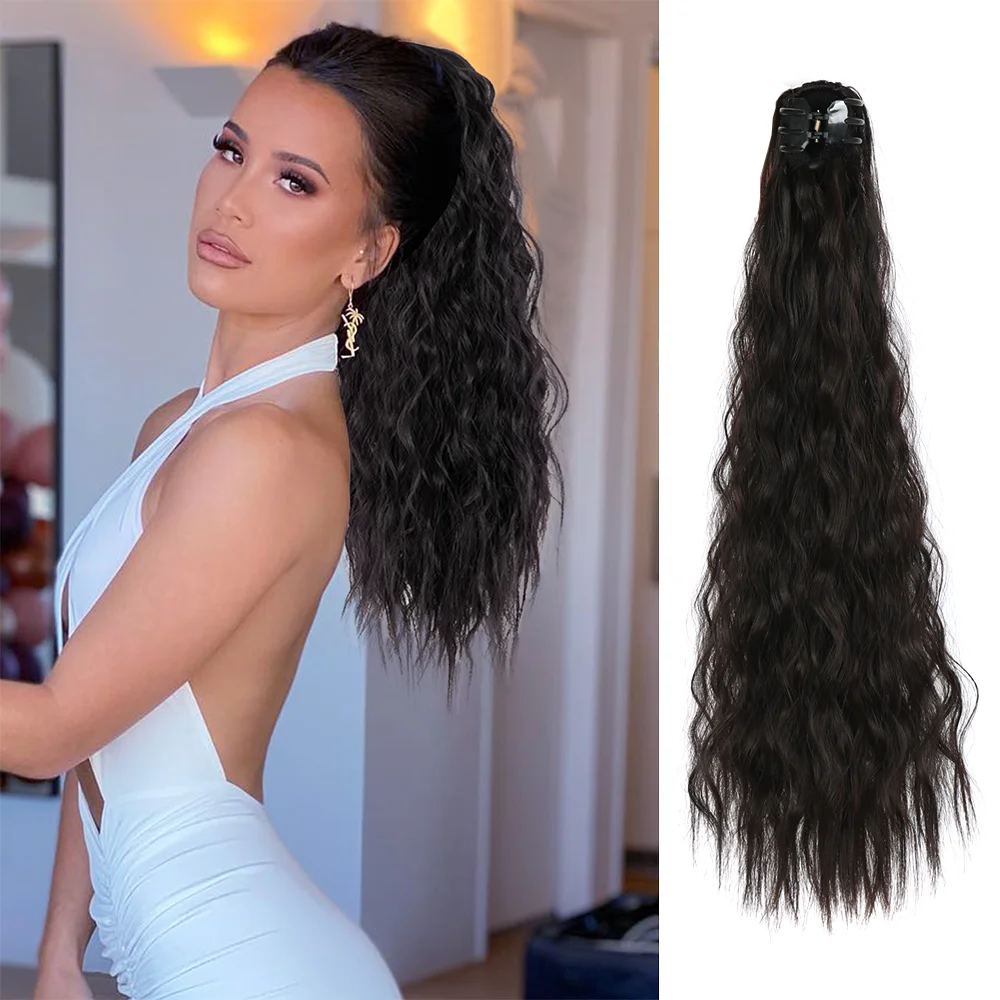 Extensão sintética rabo de cavalo longo para mulheres, cabelo encaracolado, hairpieces preto, clipe de garra, olhar diário, cabelo