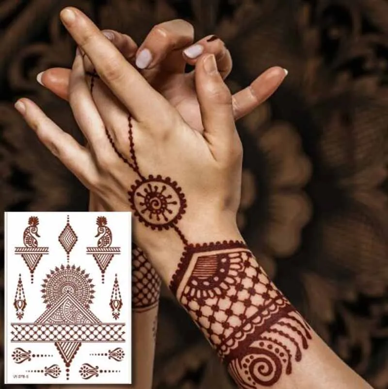 Temporary Waterproof Tattoo Stickers Brown Red Lace Henna Semi Permanent DIY Body Art Fake Tattoos Festival Show Party Makeup