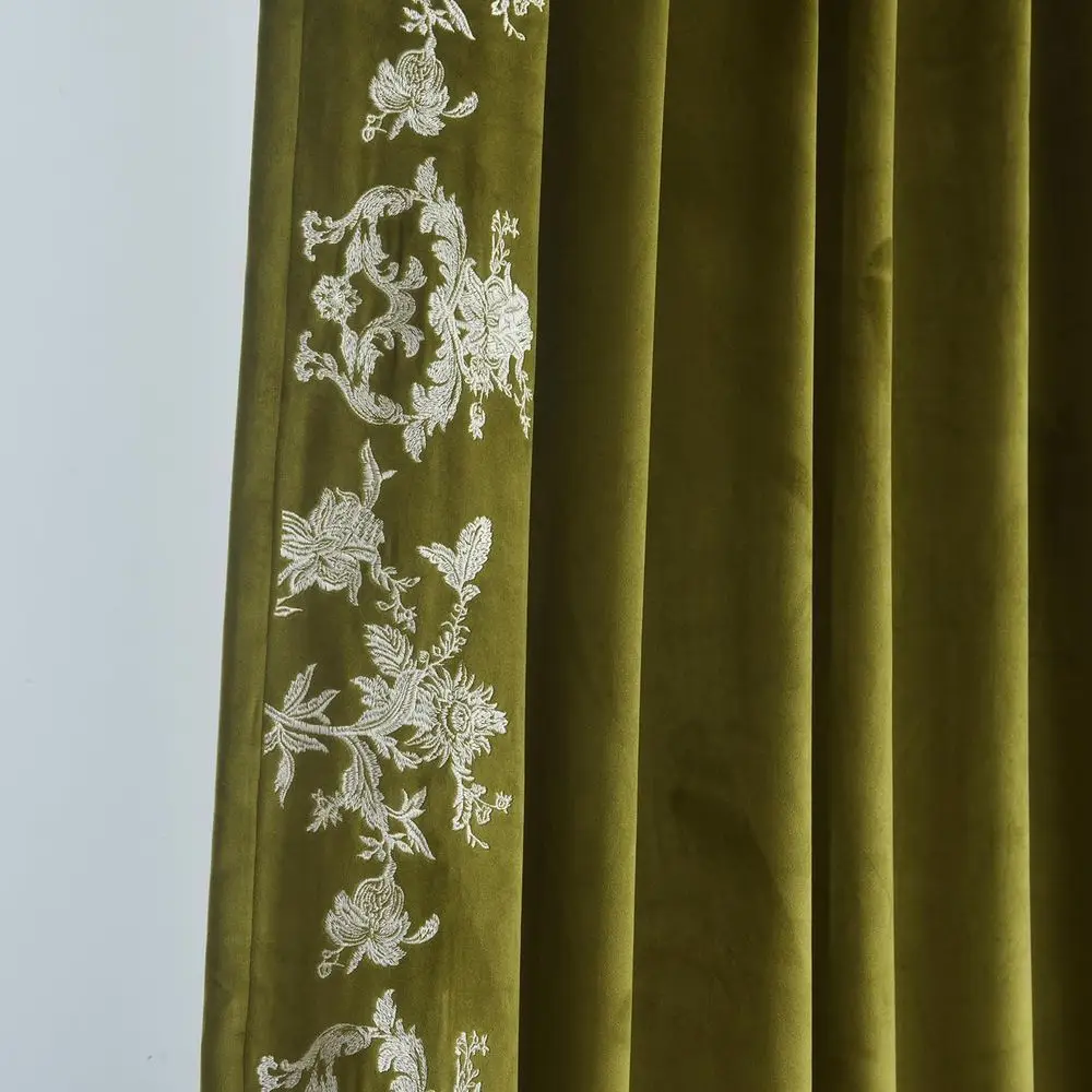 Elegant Olive Green Velvet Curtains with White Floral Embroidery, 52 Wide x 96 Long, Set of 2 for Home Decor