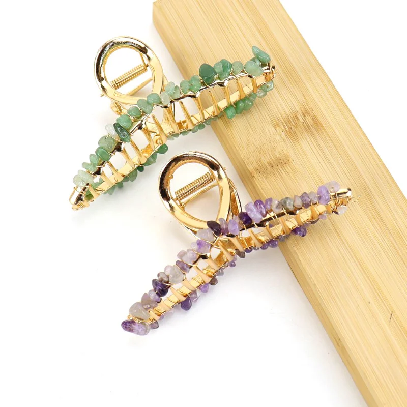 New Colorful Natural Crushed Stone Crystal Geometric Hairpin Metal Grab Fashion Delicate Hair Claw Woman Girls Styling Headdress