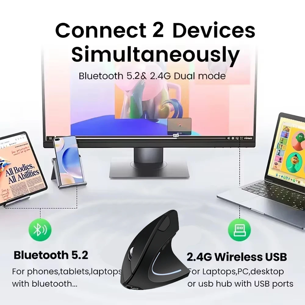 بلوتوث 5.2 ماوس 2.4G ماوس لاسلكي وضع مزدوج ماوس عمودي قابل لإعادة الشحن ماوس صامت 1600 ديسيبل متوحد الخواص للكمبيوتر المحمول سطح المكتب