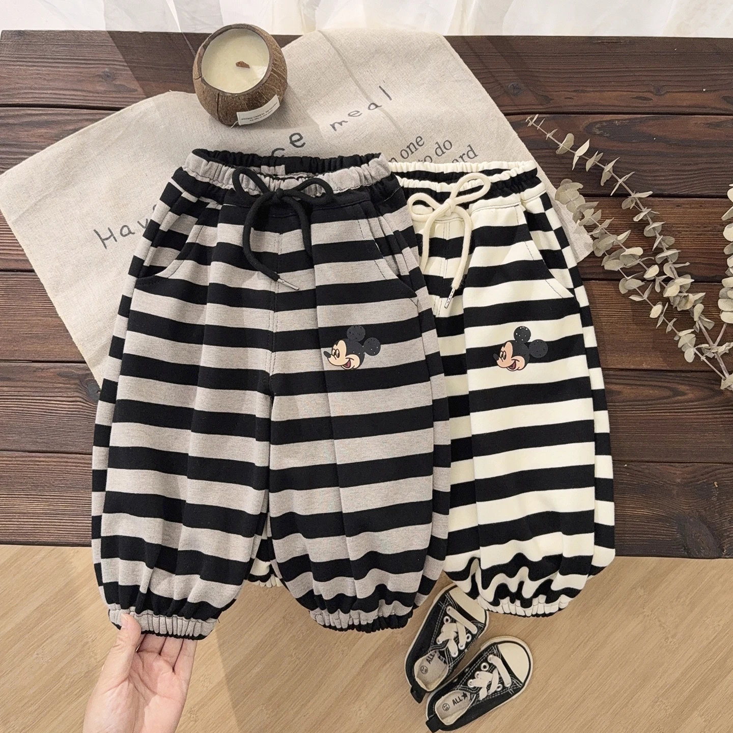 

Boys' Casual Striped Pants New Disney Cartoon Mickey Print Elastic Waist Lace Up Sweatpants Loose Fashion Children's Trousers