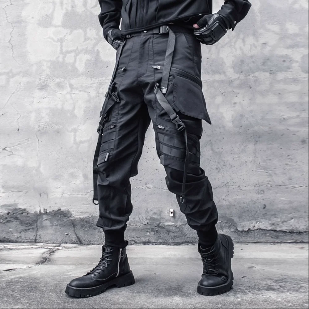 Multi Pockets Japanese Harajuku Ribbon Urban Streetwear Black Cyberpunk Trousers  Y2k Joggers Cargo Techwear Pants For Men