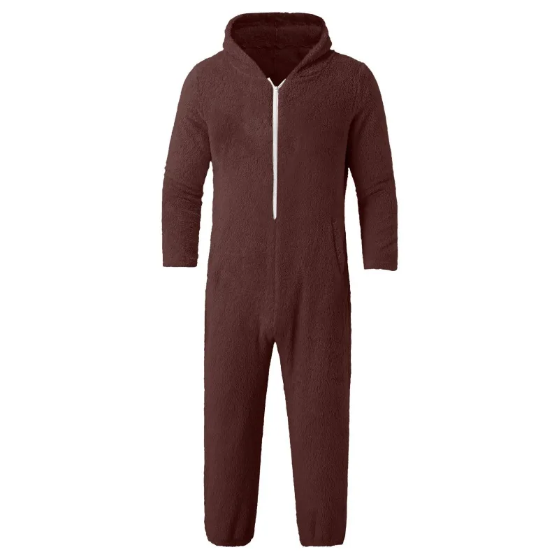 Popular Winter Thickened Double-sided Velvet Men's Solid Color Hooded One-piece Pajamas Casual Loungewear Men Jumpsuit image 5