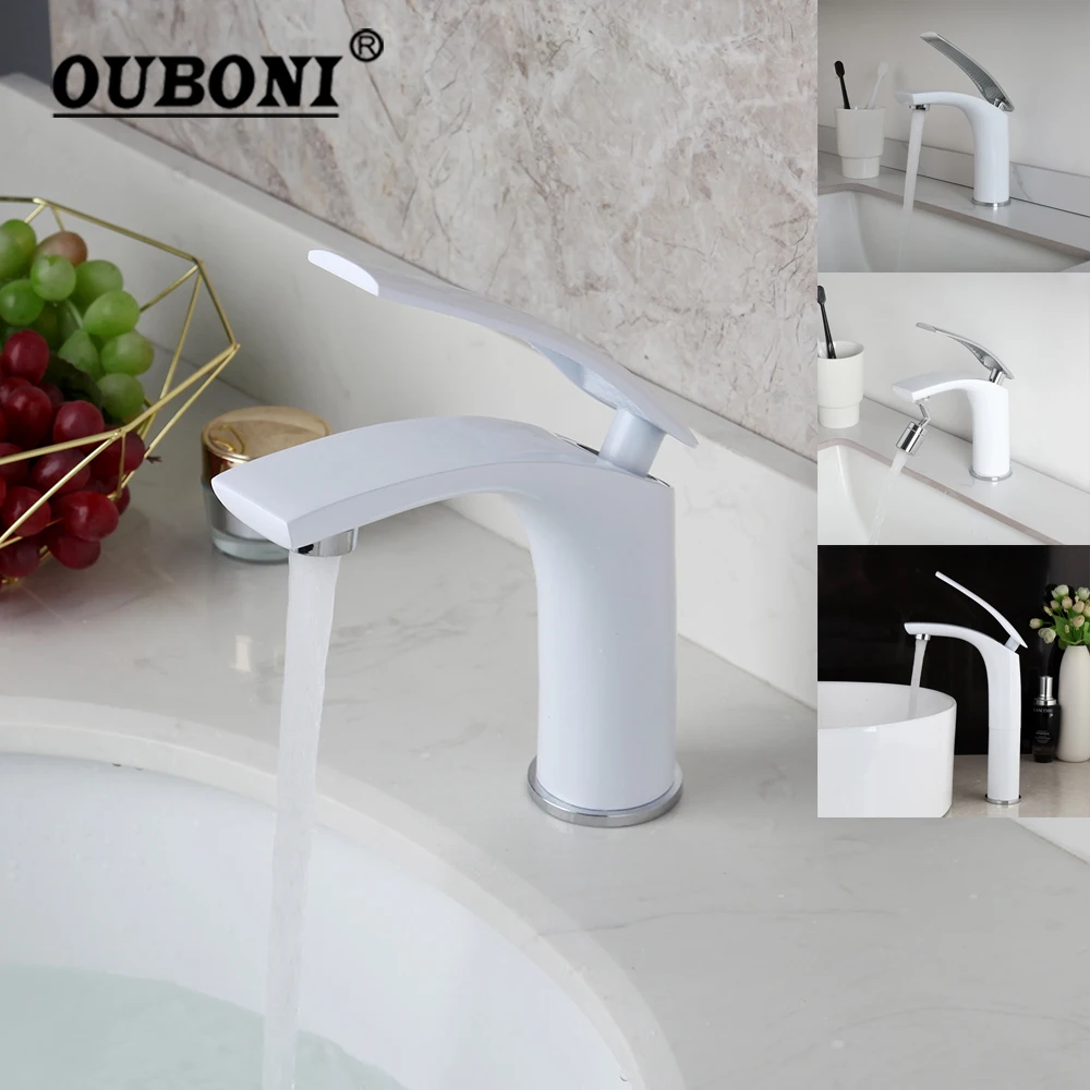 

OUBONI окрашенный белый смеситель для раковины в ванной комнате, монтируемый на палубе, с одной ручкой, излив для потока, смесители для горячей и холодной воды