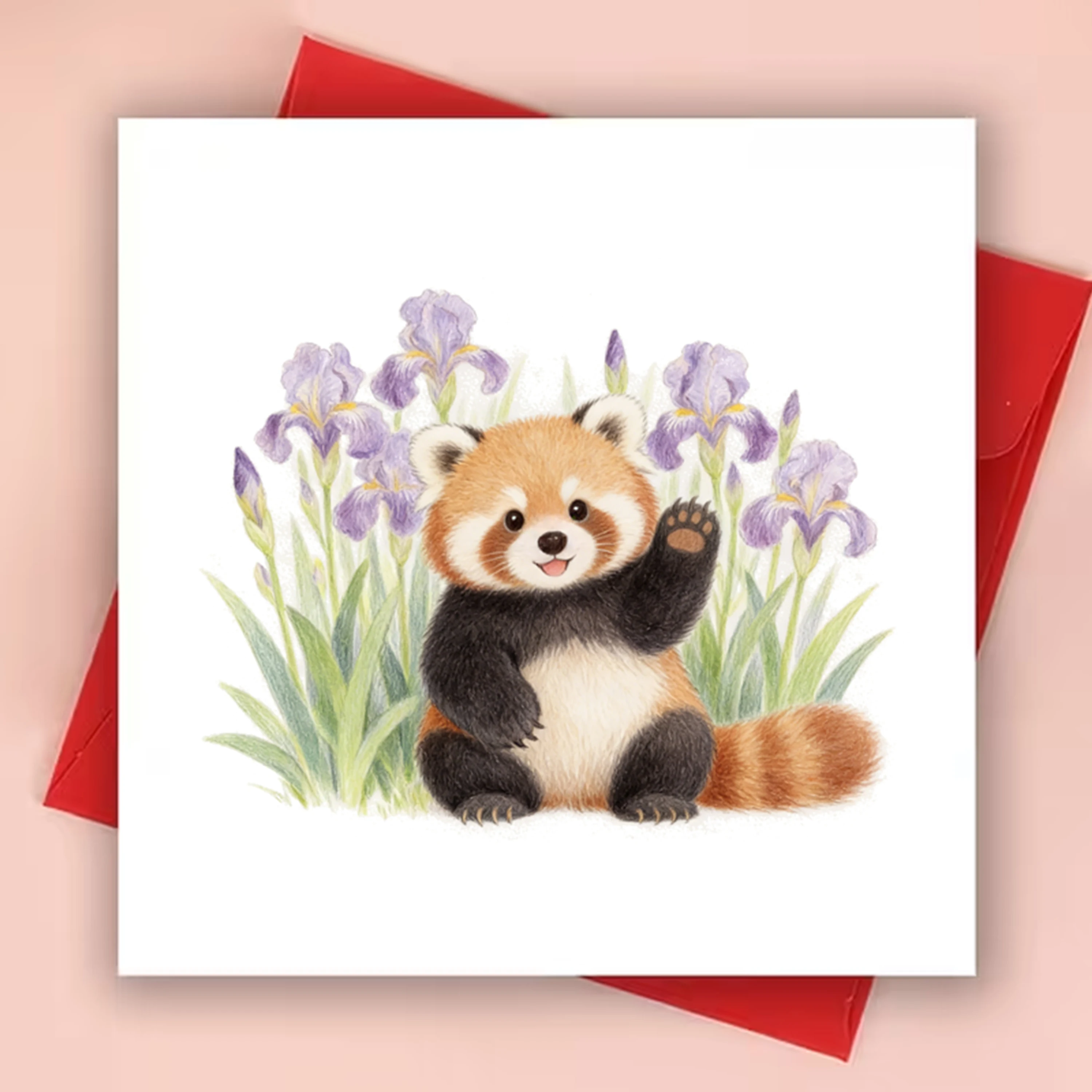 2 Stück (1 Stück Grußkarte + 1 Stück Umschlag), quadratische Grußkarte und Umschlag, weiße Grußkarte, Dankeskarte im Cartoon-Stil, mit Cartoon-Panda im Garten-Design, besonders geeignet für
