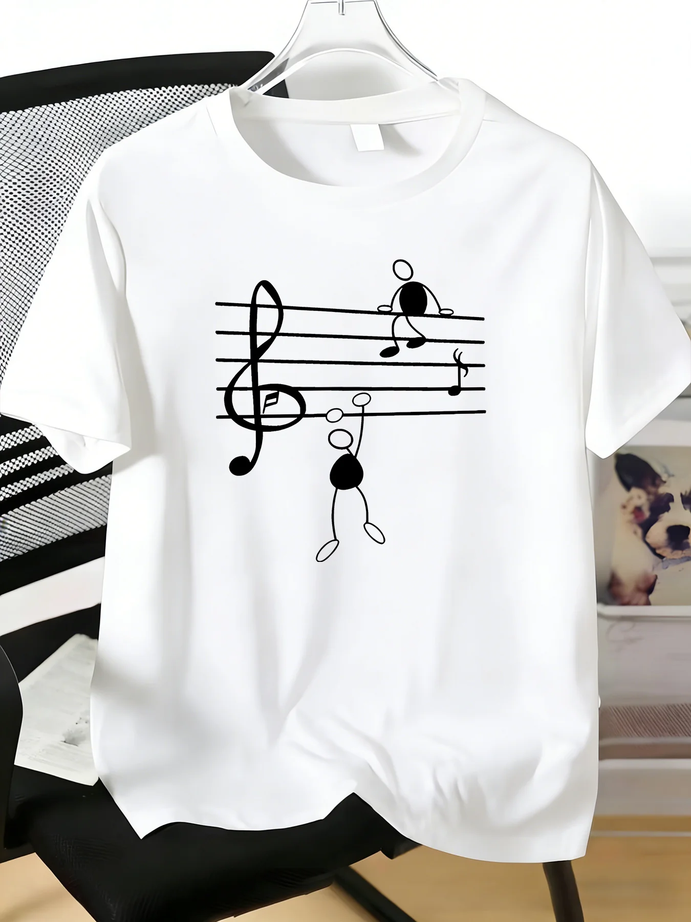 Men Black Crew Neck Tee Minimal Staff Music Note Stick Figure Graphic Soft Short Sleeve Musician Street Casual Daily Male Tops